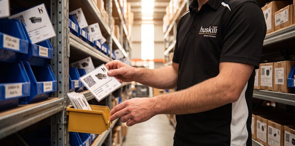 Huskili technician pulling a kanban card with a QR code from a stocked shelf and placing it in a gold reorder tub