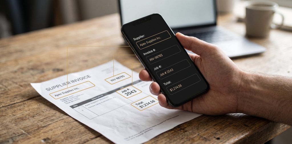 Phone app reading a paper supplier invoice and extracting the supplier, invoice number, job number and total