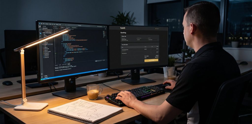 Developer writing code on one monitor with a Huskili quoting app on the other