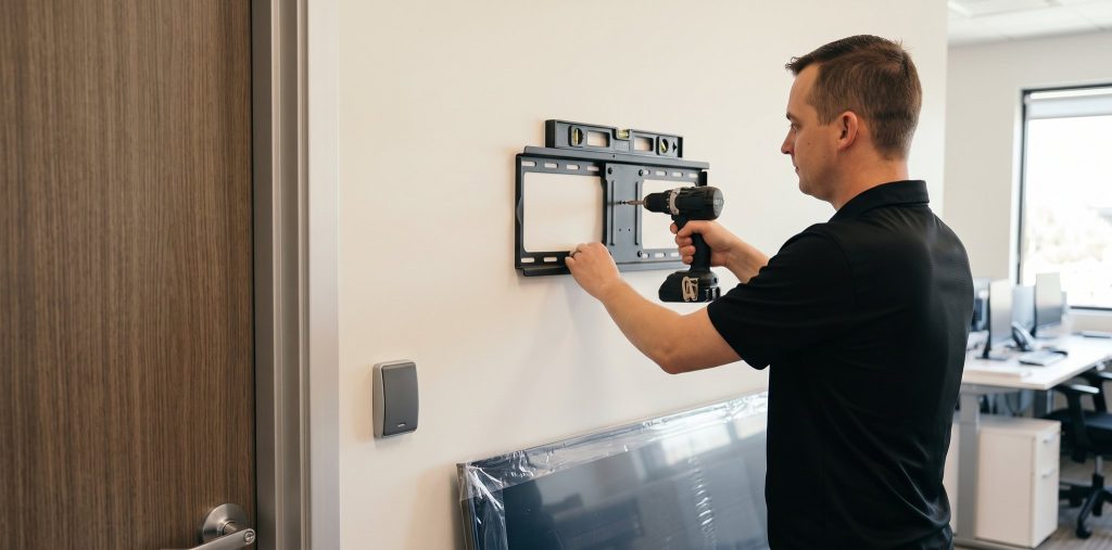 Technician drilling a TV wall bracket into place beside a door with an access reader