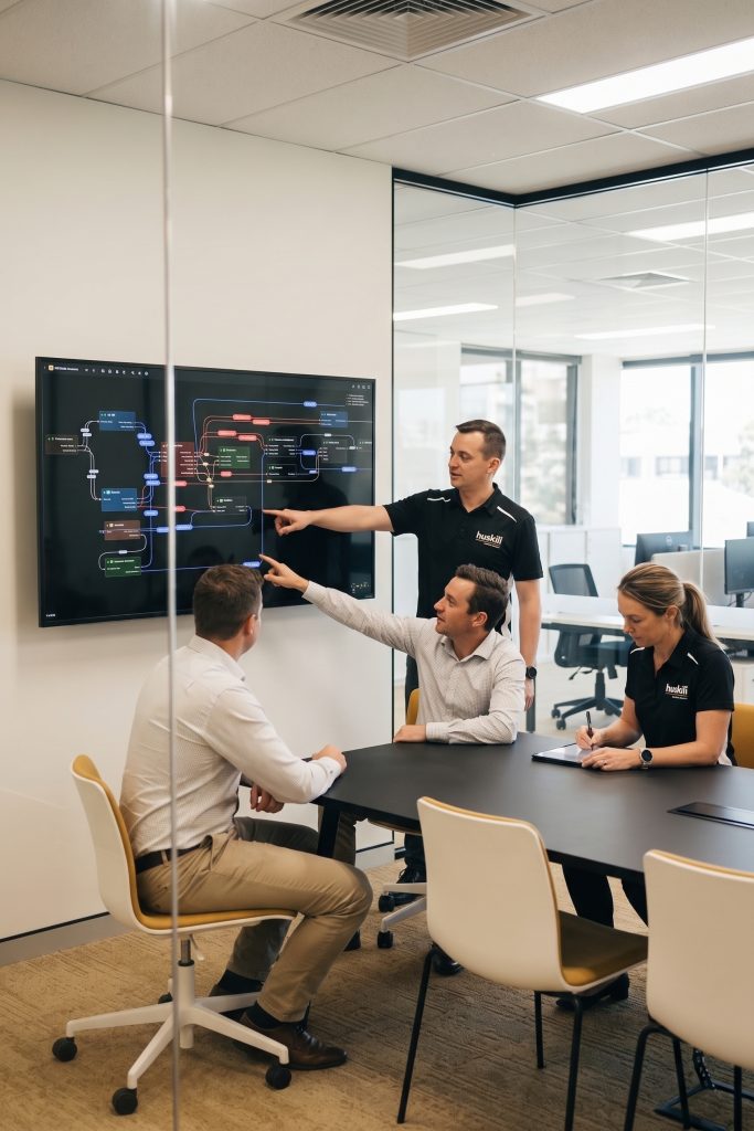 HuskiliMap session, Warren presenting a systems map on a meeting room screen to clients