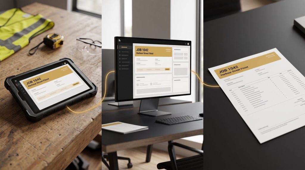 The same job record shown on a site tablet, an office monitor and a printed invoice