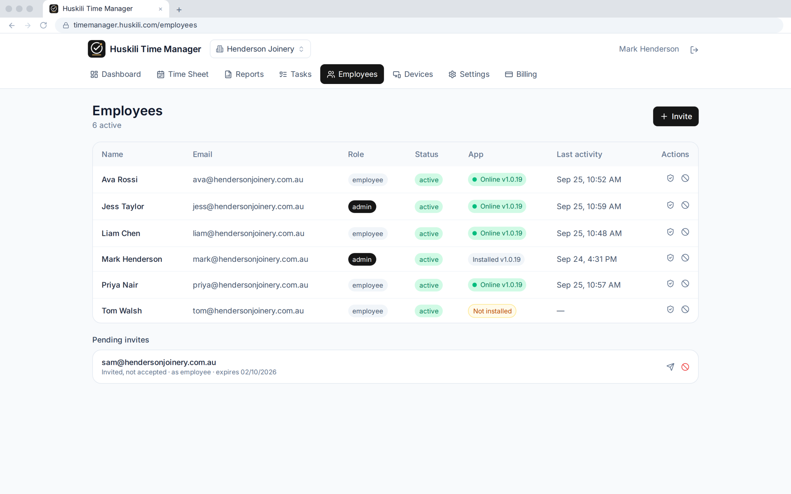 Time Manager employees page
