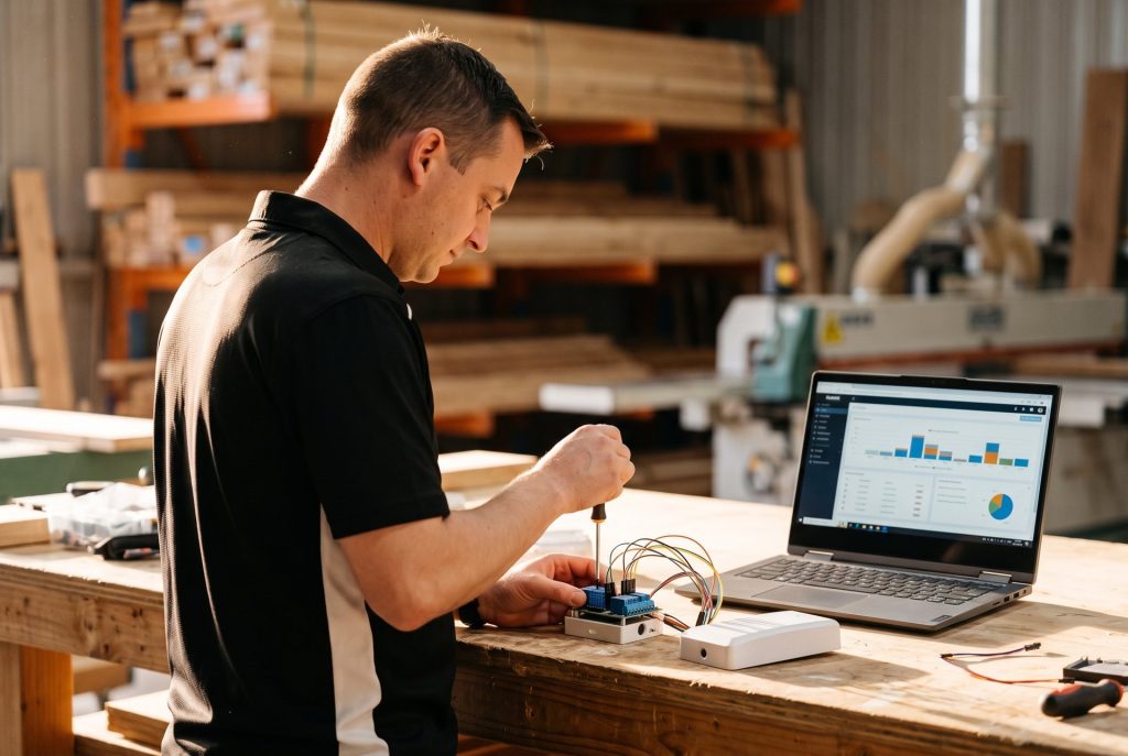 Wiring a relay board on a workshop bench next to a laptop showing a production dashboard