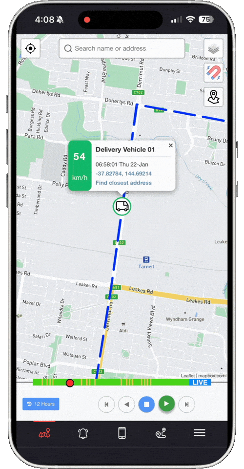 Track My Ride app on a phone showing a delivery vehicle's live position, speed and trip replay
